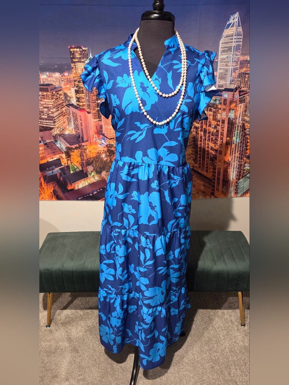 Ladies Navy and Bright Blue Floral Tiered Dress